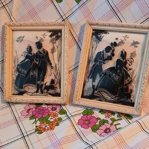 2 Vintage Silhouette Reverse Painting on Glass Courting Couple 1940's